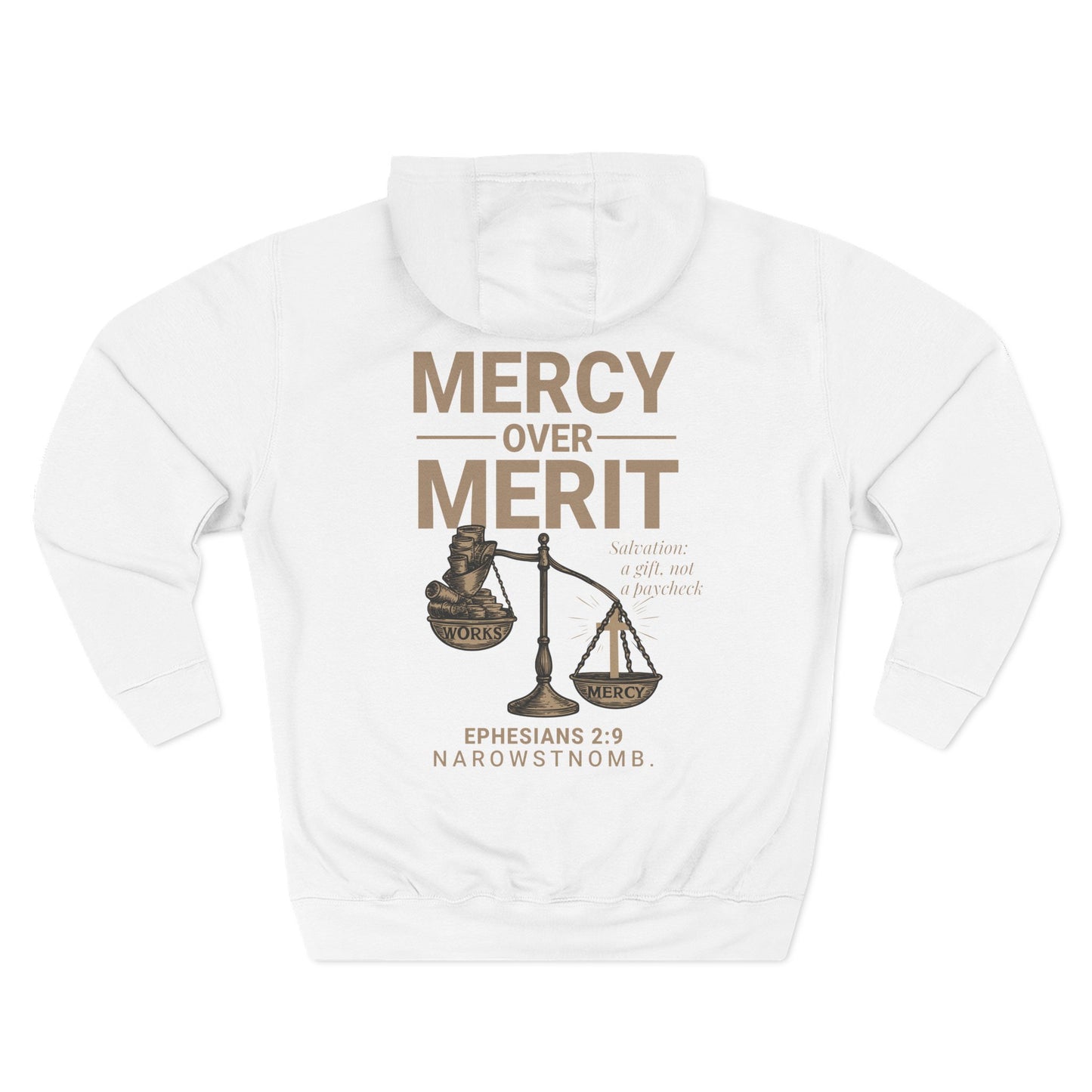 Mercy Over Merit Hoodie | Unisex Three-Panel Fleece Sweatshirt | Faith-Based Comfort & Gospel Conversation Starter