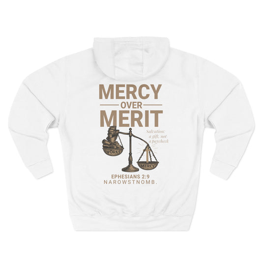 Mercy Over Merit Hoodie | Unisex Three-Panel Fleece Sweatshirt | Faith-Based Comfort & Gospel Conversation Starter