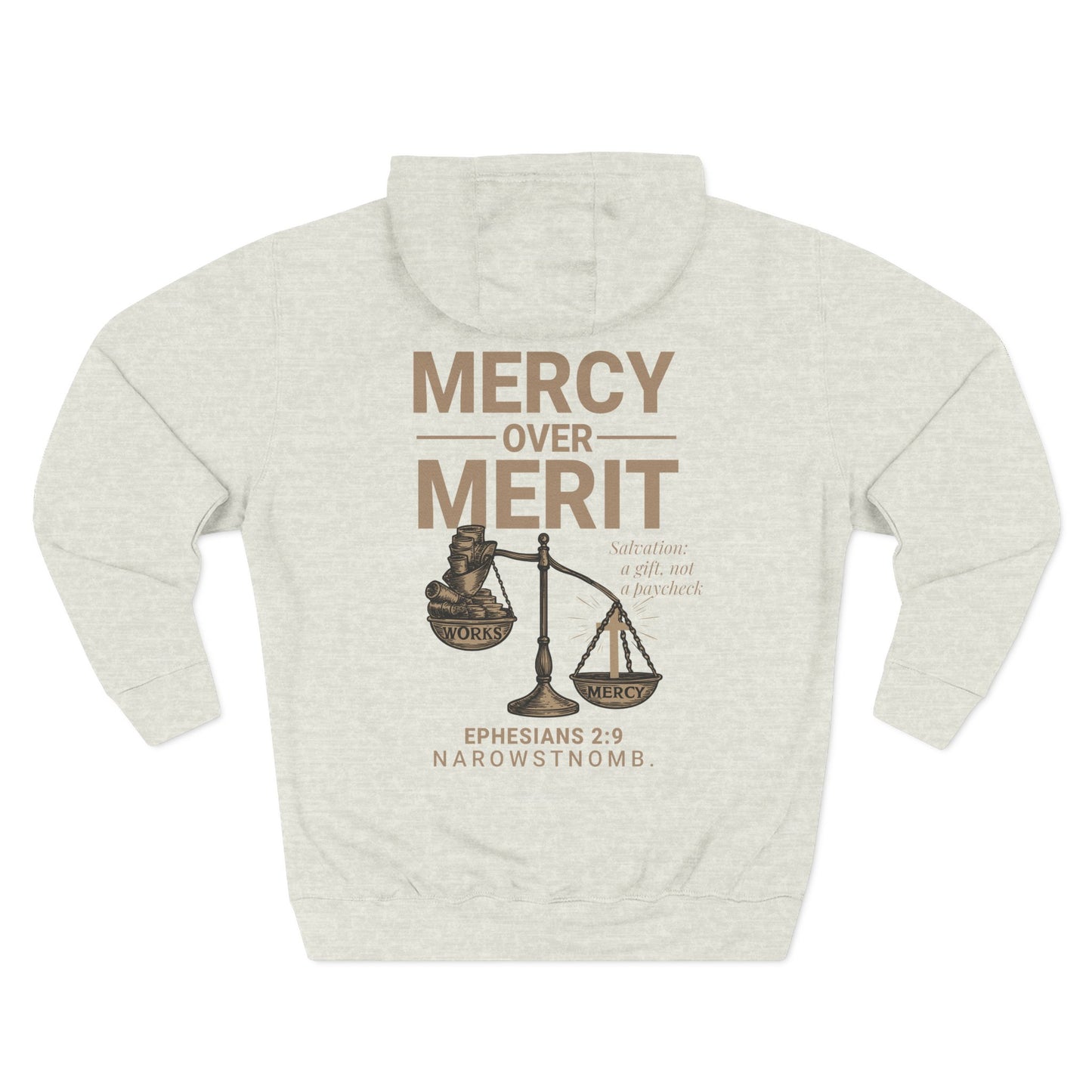 Mercy Over Merit Hoodie | Unisex Three-Panel Fleece Sweatshirt | Faith-Based Comfort & Gospel Conversation Starter