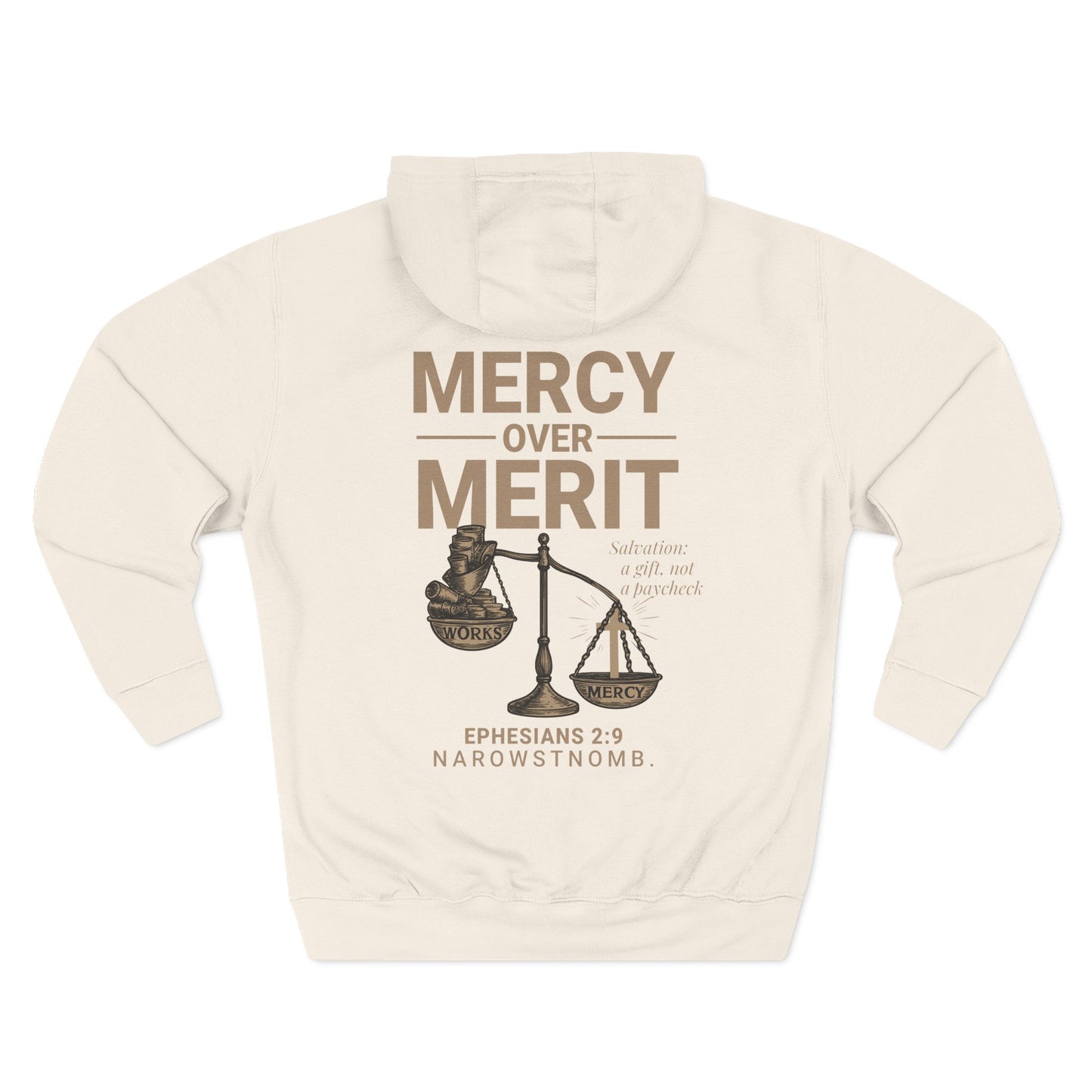 Mercy Over Merit Hoodie | Unisex Three-Panel Fleece Sweatshirt | Faith-Based Comfort & Gospel Conversation Starter