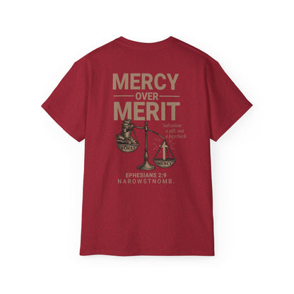 Mercy Over Merit T-Shirt | Unisex Christian Tee | Faith-Based Apparel & Gospel Conversation Starter