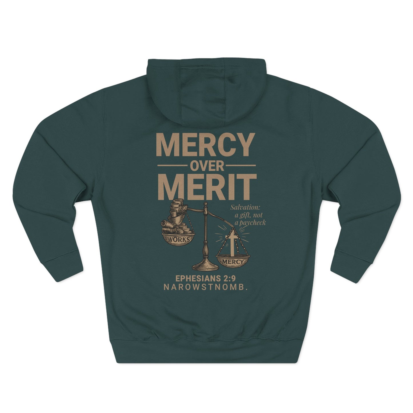 Mercy Over Merit Hoodie | Unisex Three-Panel Fleece Sweatshirt | Faith-Based Comfort & Gospel Conversation Starter