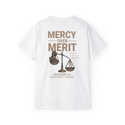 Mercy Over Merit T-Shirt | Unisex Christian Tee | Faith-Based Apparel & Gospel Conversation Starter