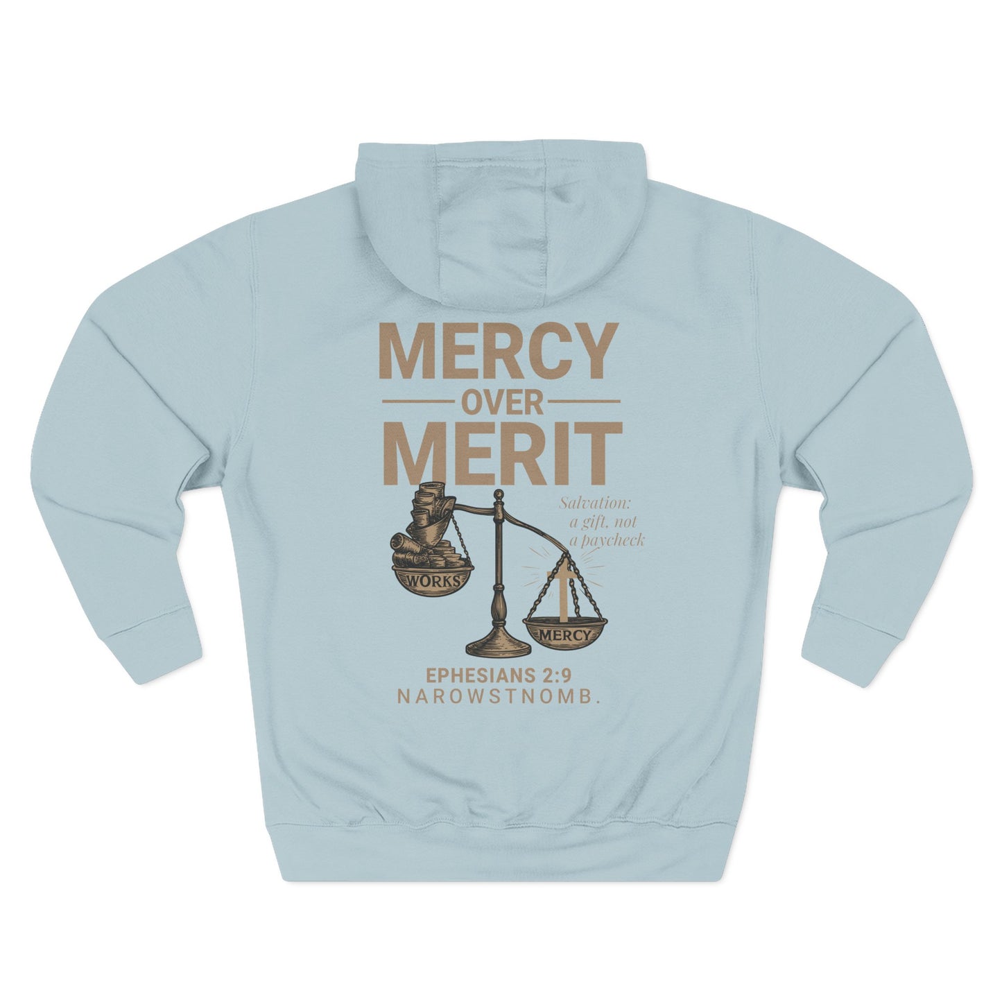 Mercy Over Merit Hoodie | Unisex Three-Panel Fleece Sweatshirt | Faith-Based Comfort & Gospel Conversation Starter