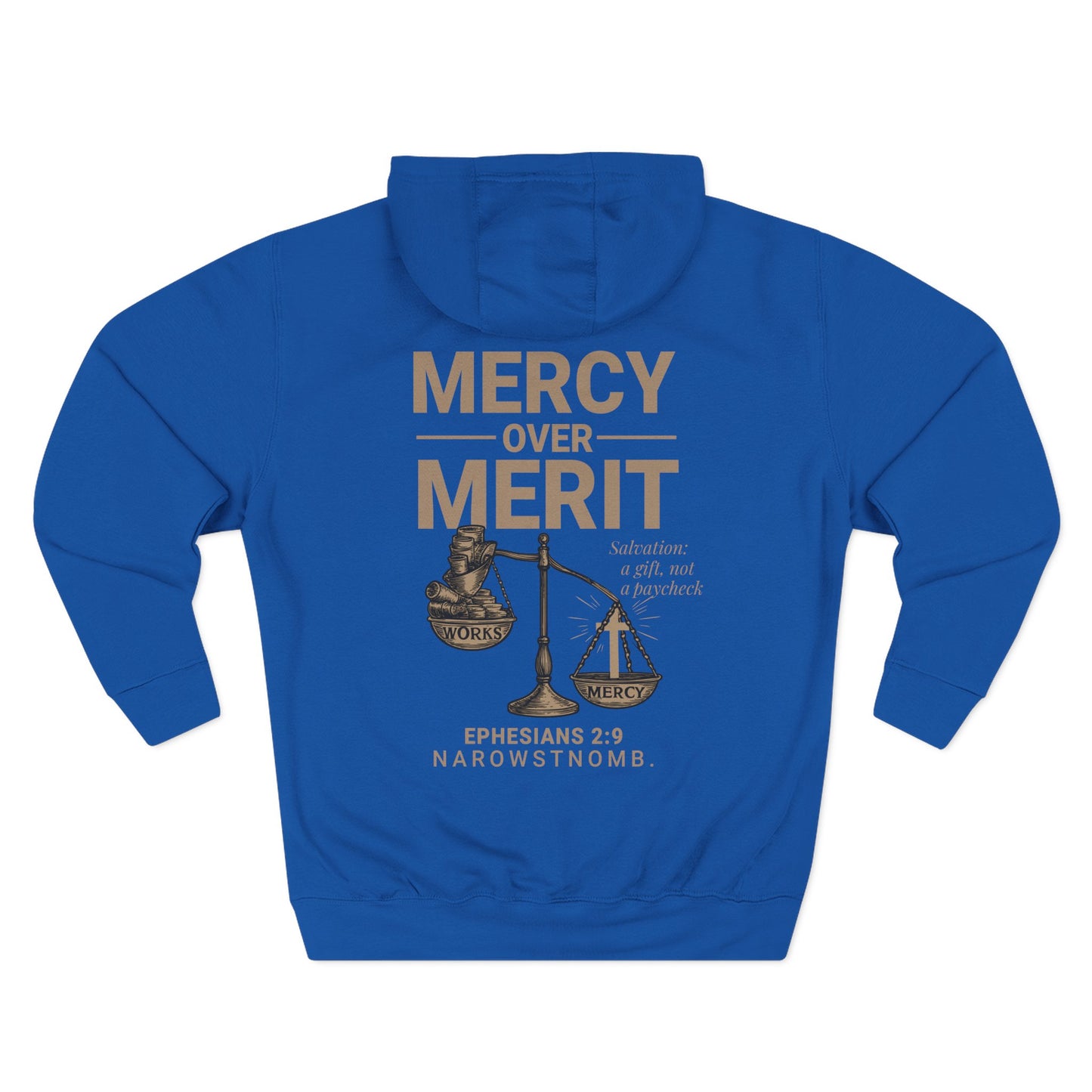 Mercy Over Merit Hoodie | Unisex Three-Panel Fleece Sweatshirt | Faith-Based Comfort & Gospel Conversation Starter