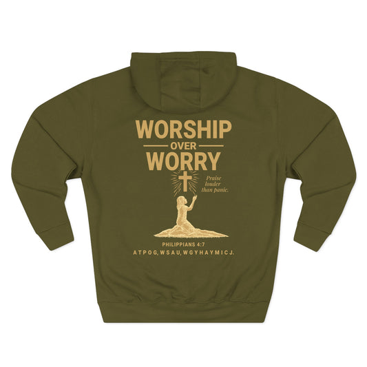 Worship Over Worry Hoodie - Cozy Fleece Sweatshirt for Faith, Prayer, Comfort, Gift for Religious Occasions, Spiritual Growth, [...]